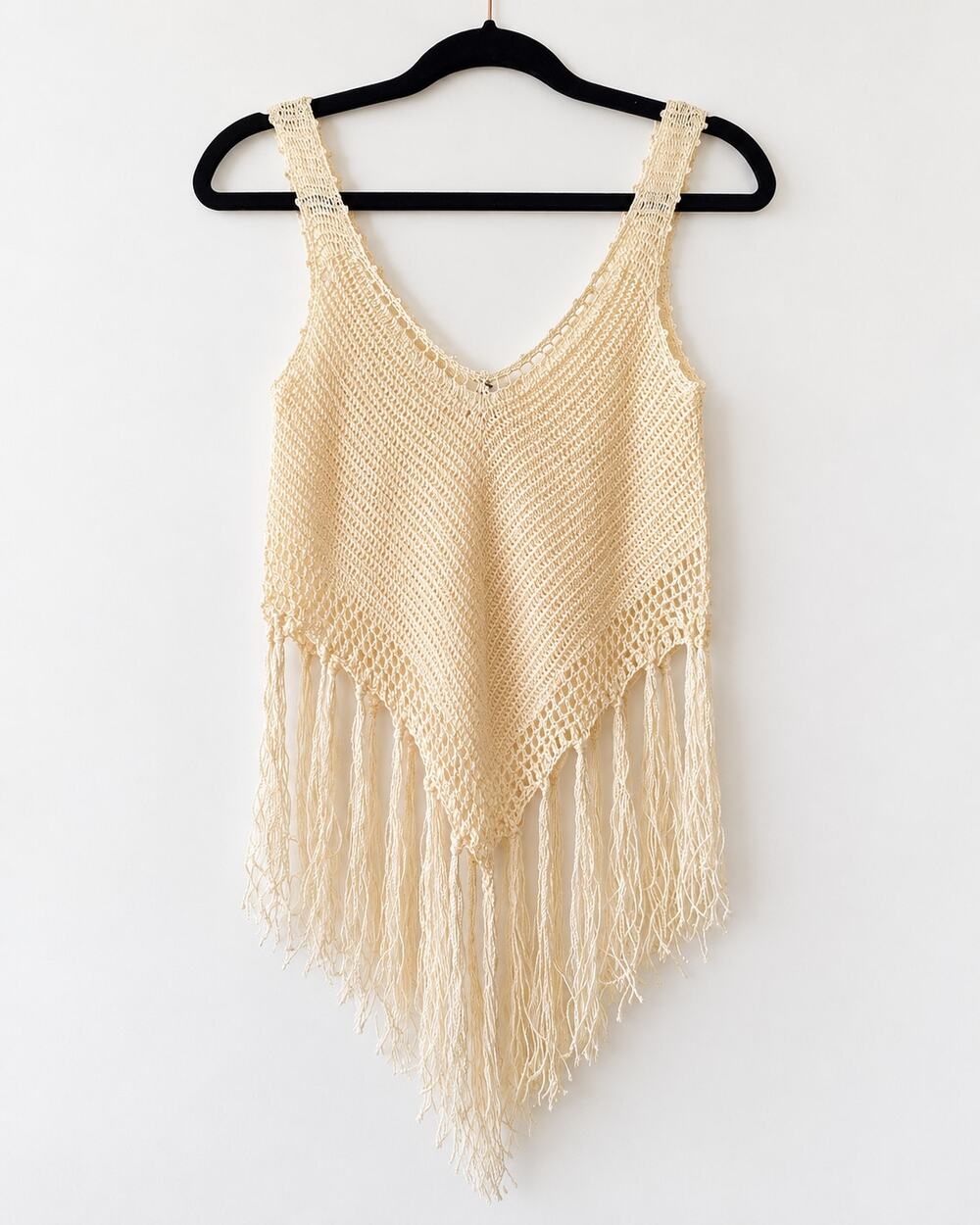 Cream Crochet Fringe Tank Top – Boho Festival Style